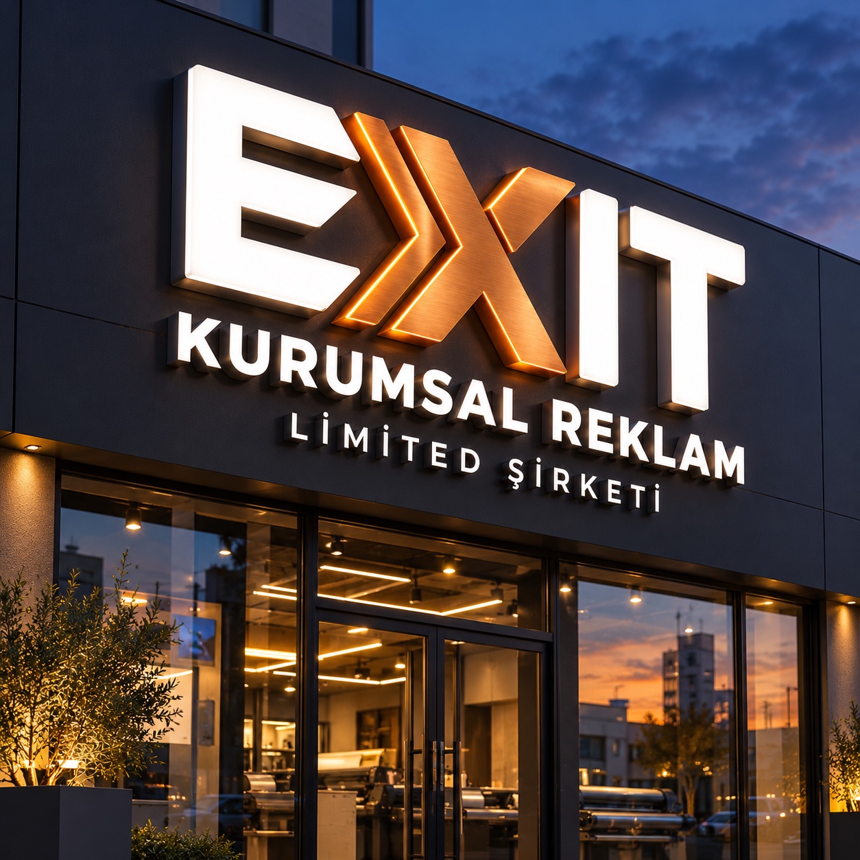 Exit Kurumsal Reklam: bakır X harfli ışıklı kutu harf tabela